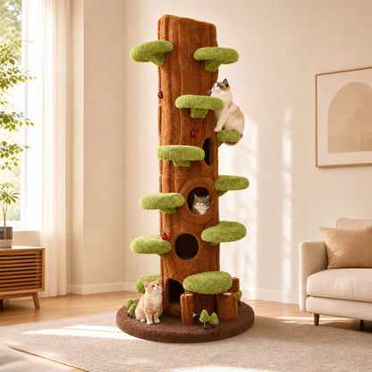 Cats resting on the cat tree platforms beside a window