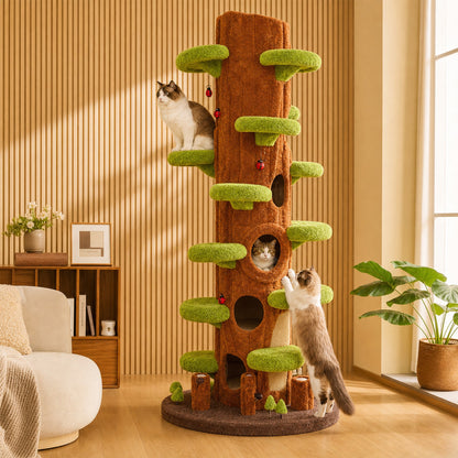 Two cats using the multi-level cat tree in a modern living room