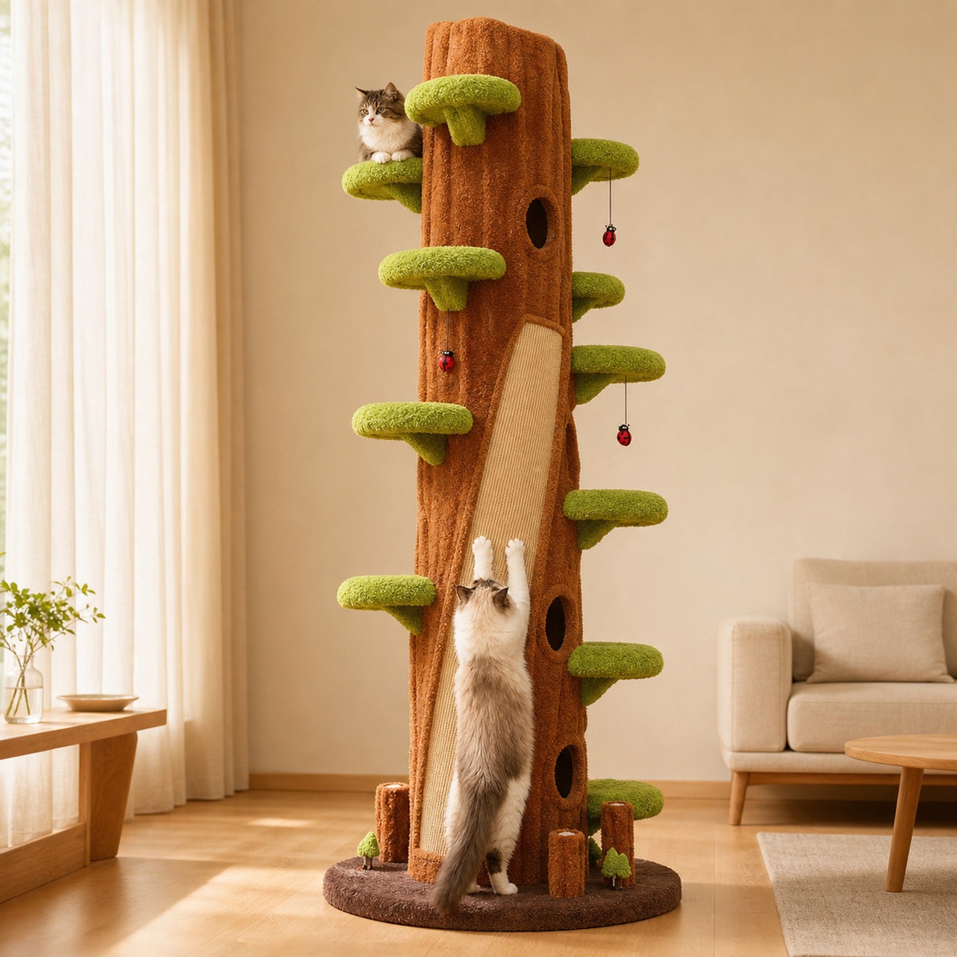 Cat using the sisal scratching panel on the cat tree trunk