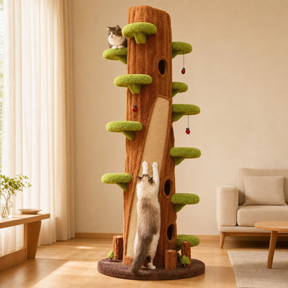 Cat using the sisal scratching panel on the cat tree trunk