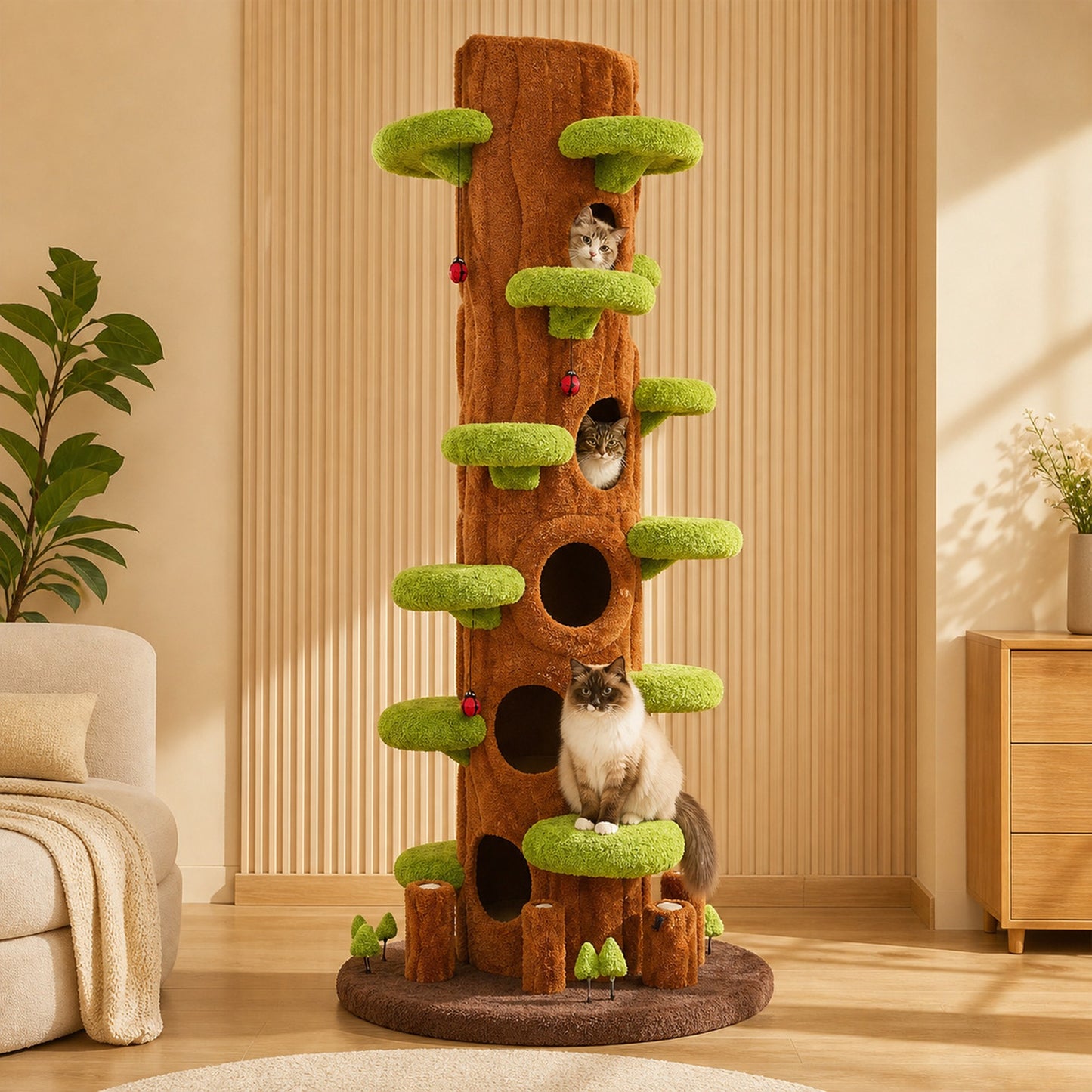 Cats inside the enclosed hollow-tree compartments