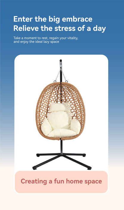 Foldable Rattan Egg Chair - Apartment Living, Steel Frame, Thick Cushion