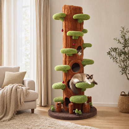 Cat lounging on a wide plush platform of the cat tree