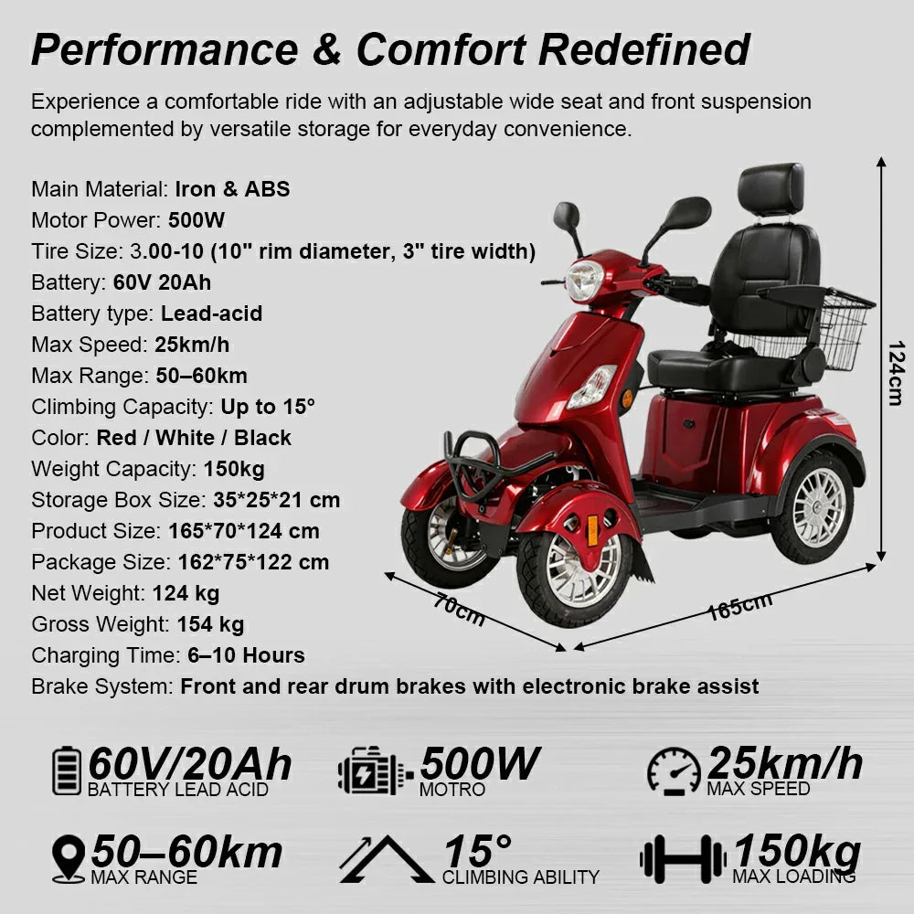Livara B03 4-Wheel Electric Mobility Scooter - 10km/h Public-Use Limit, 500W, 150kg Capacity