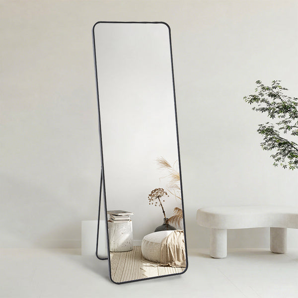 Black Full-Length Floor Mirror – Shatter-Resistant Glass, Freestanding or Wall-Mounted