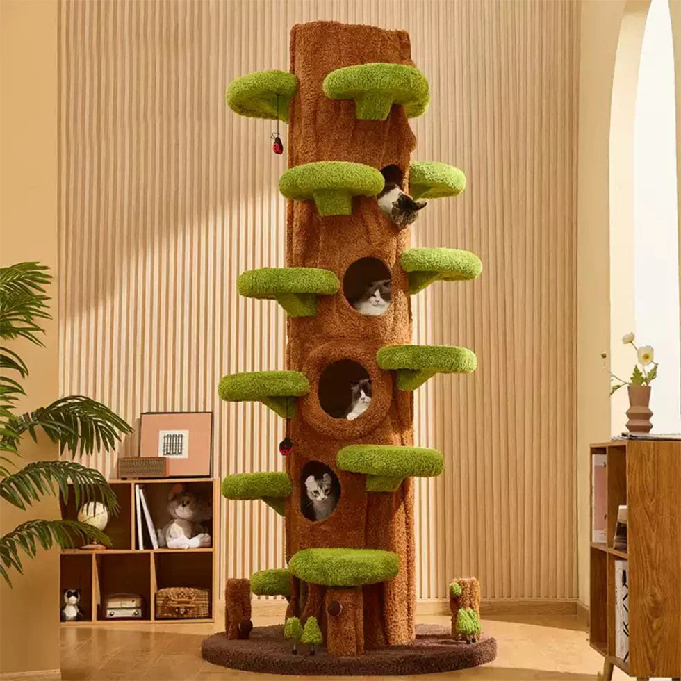 Wooden Tree Hollow Cat Tree Tower 230cm - Pet Comfort, Sisal Wrap, Anti-Tip Design