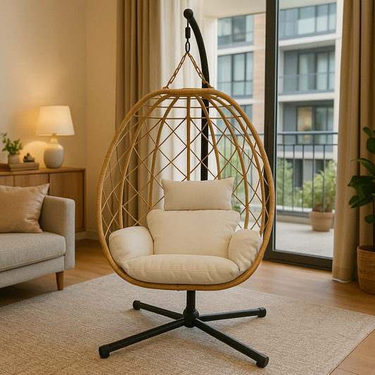 Foldable Rattan Egg Chair - Apartment Living, Steel Frame, Thick Cushion