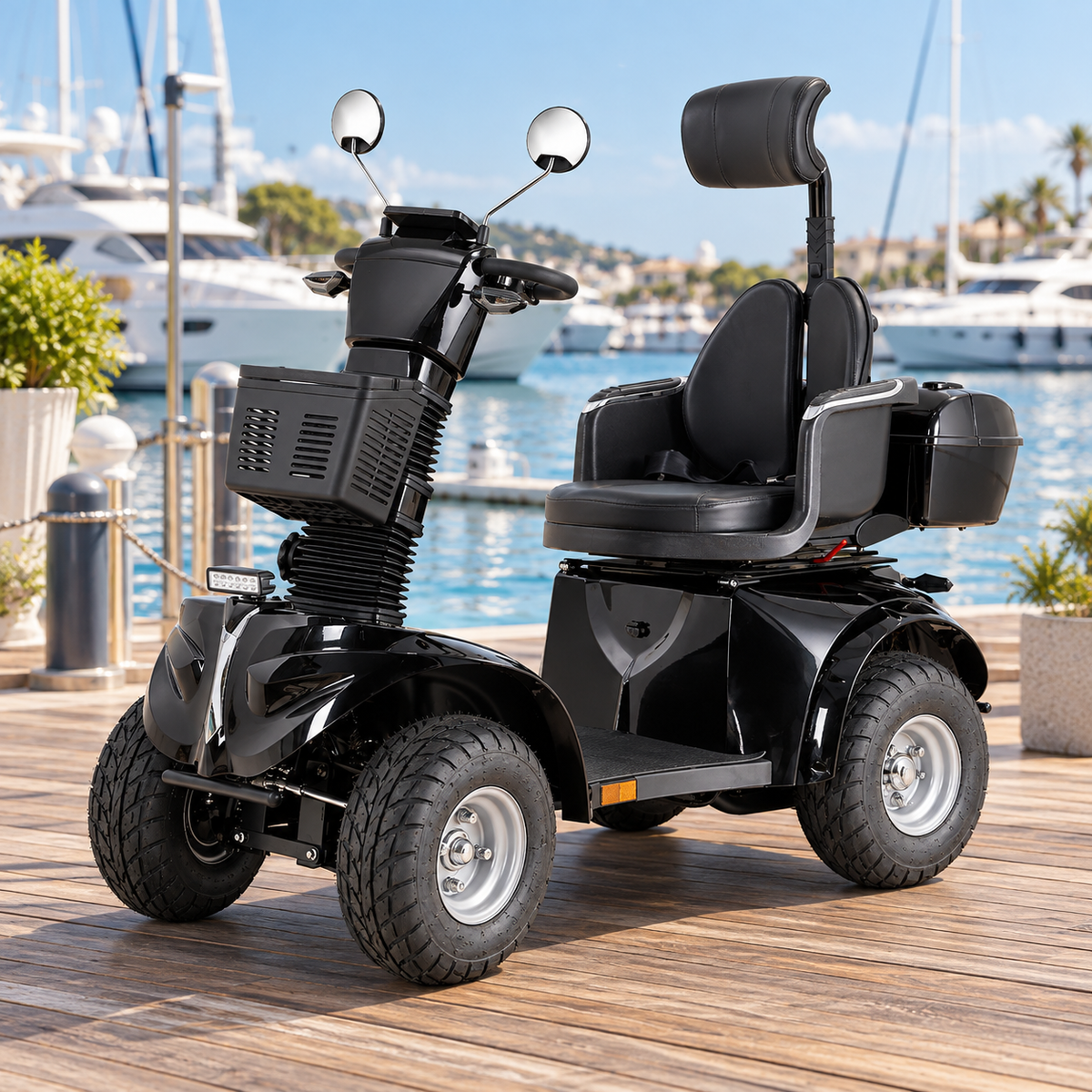 Black heavy duty electric mobility scooter with headrest, front basket and rear storage box on a marina boardwalk