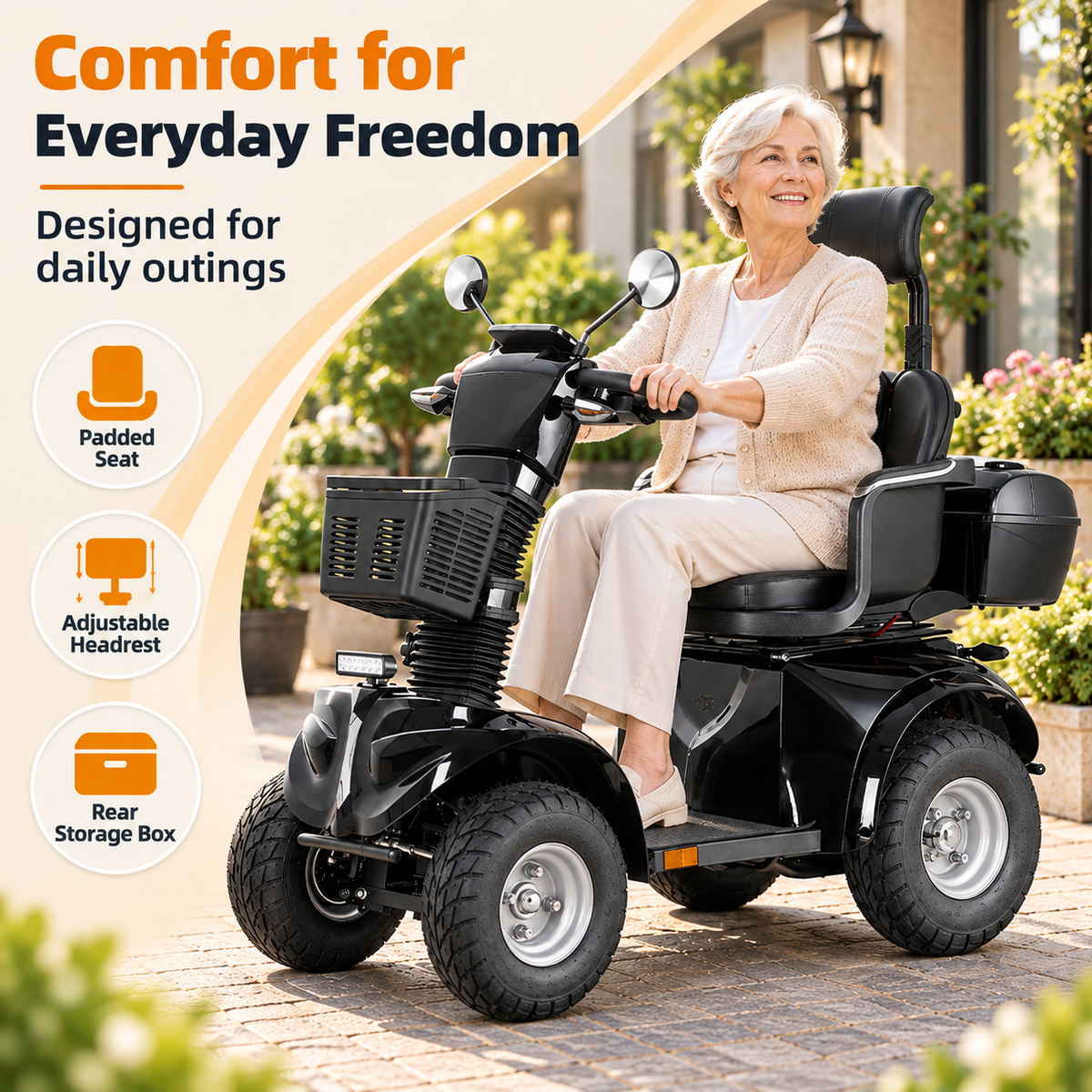 Older woman riding a black heavy duty mobility scooter with padded seat, adjustable headrest and rear storage box